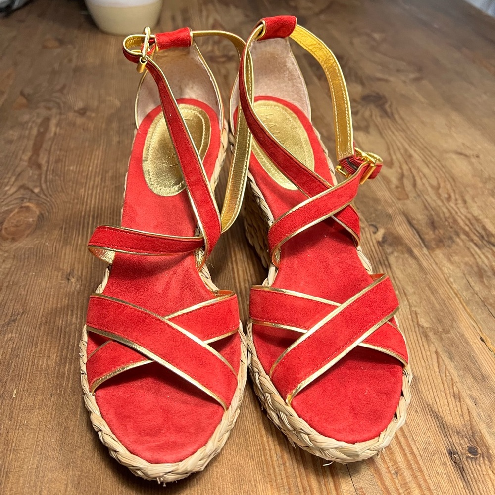 Ralph Lauren red and Gold Suede heels with macrame wedges